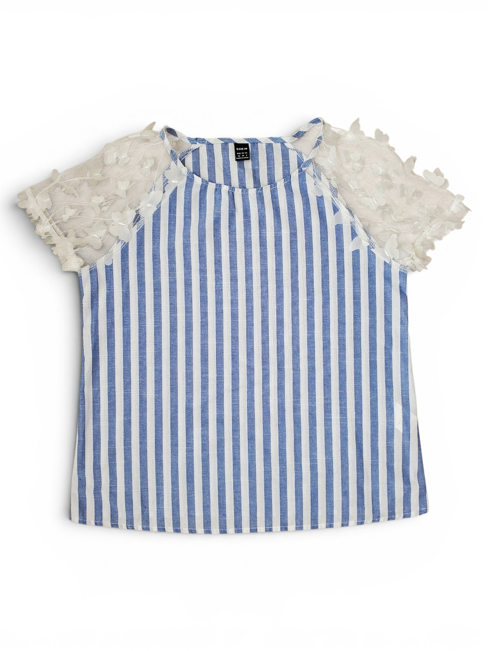 Shein Women's Blue & White Striped Top with Floral Lace Sleeves